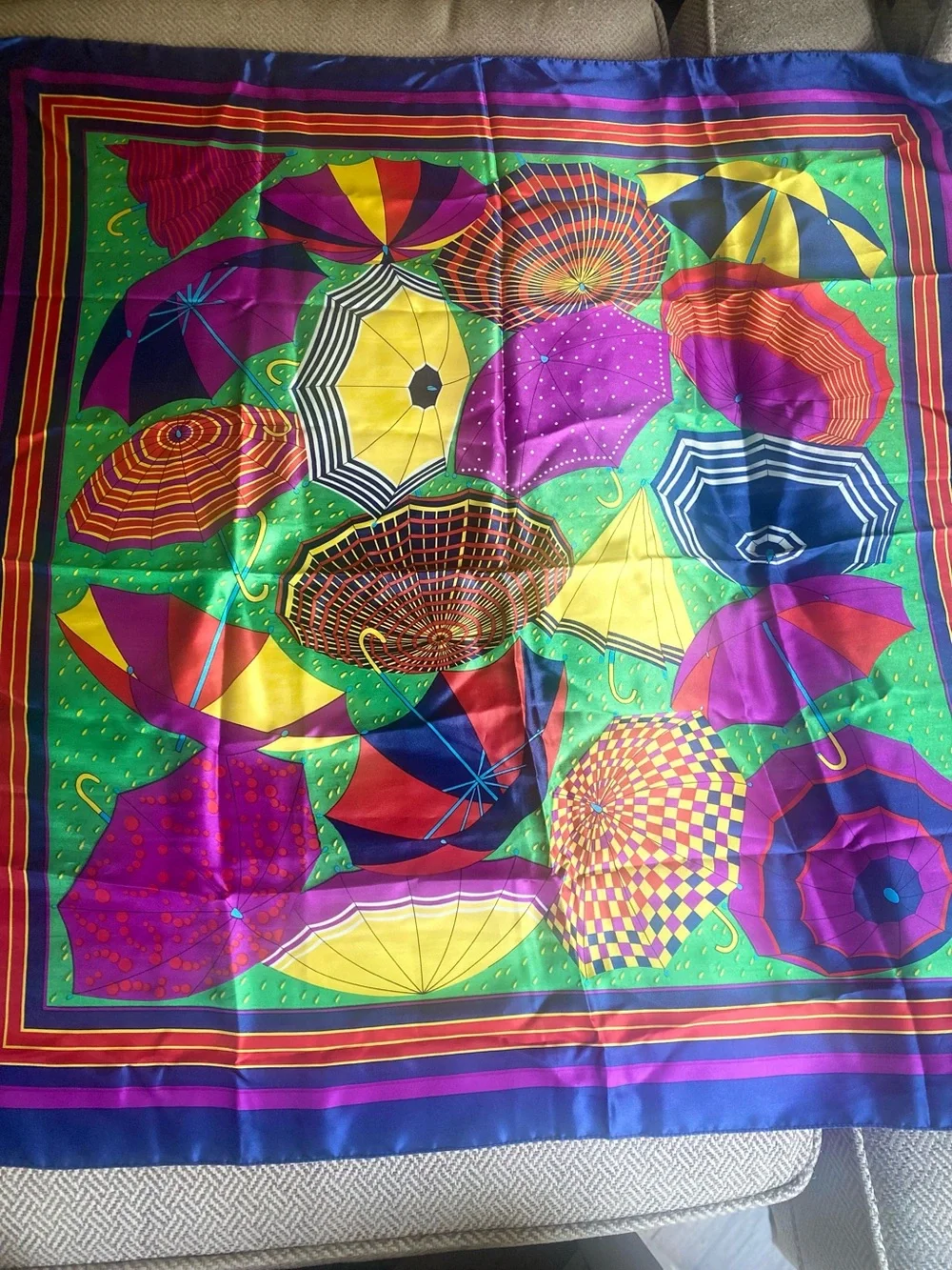 Colorful Umbrella-Print Silk Scarf in Green, Purple, Yellow